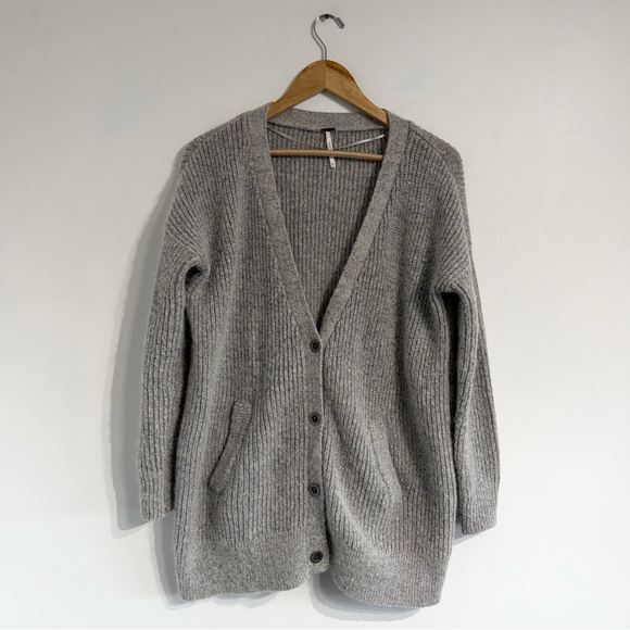 Free People Cloudy Day Cardigan light grey alpaca mohair wool grandpa boyfriend - Picture 2 of 12